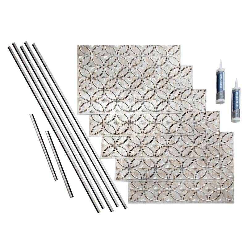 FASÄDE Rings Decorative Vinyl Backsplash Panel - 15 Sq Ft Kit - Vintage Metal