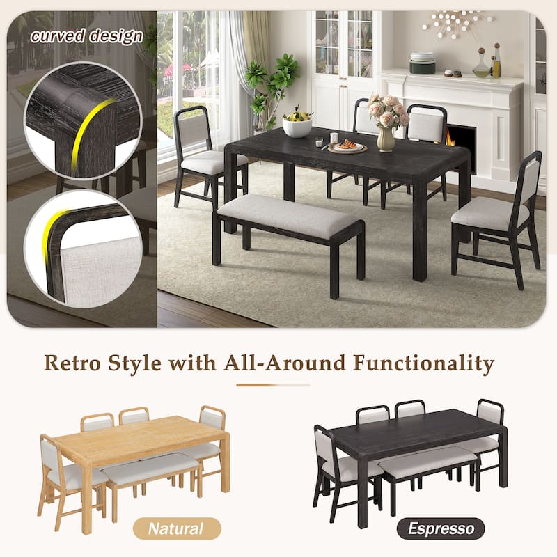 6-Piece Vintage Extendable Dining Table Set for 4-6 with 4 Upholstered Chairs & Bench, Rustic Wire-Brushed Kitchen Table