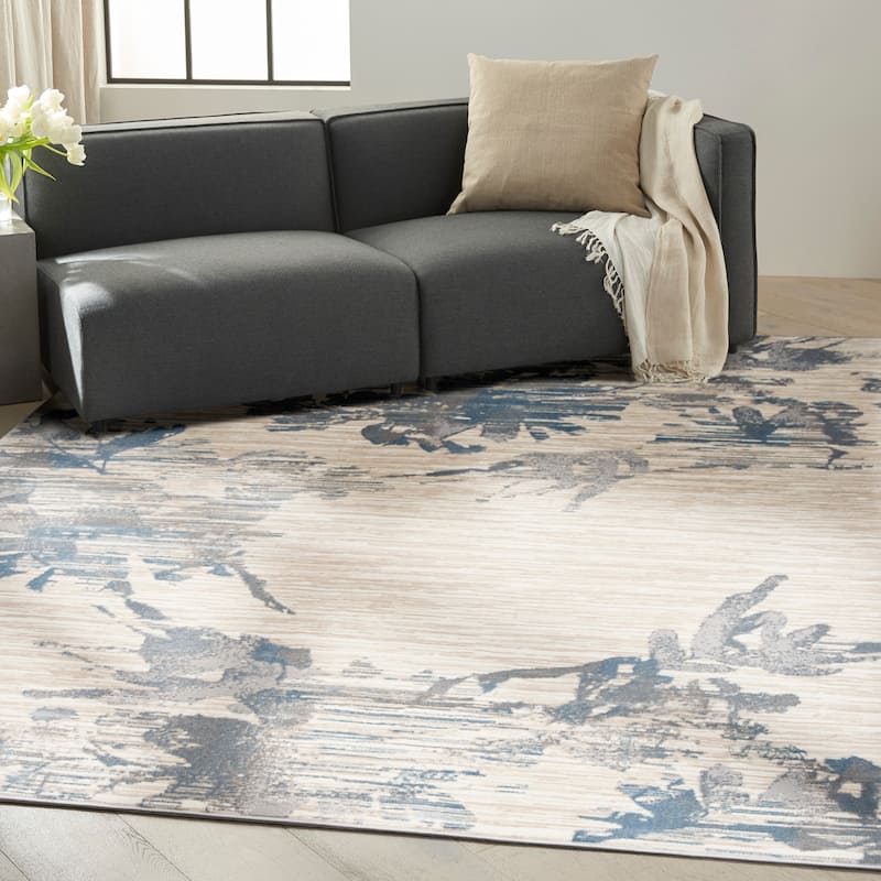Calvin Klein Enchanting Botanical Floral Abstract Area Rug - 8' x 10' - Ivory/Grey/Blue - Rectangle