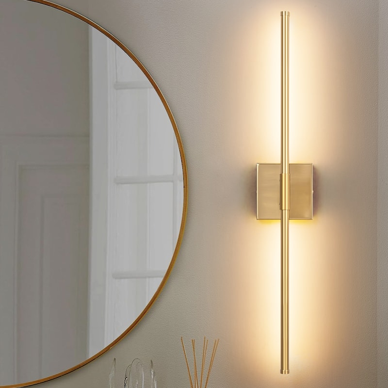 1-Light Modern Linear Aluminum Dimmable Integrated LED 3000K Warm Light Bathroom Vanity Lights for Mirror - Square Backplate - Gold