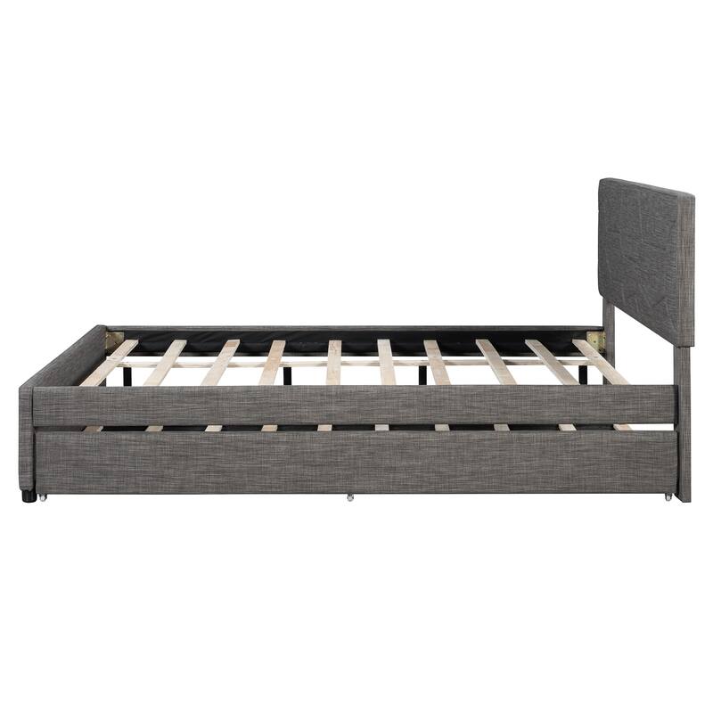 Queen Size Upholstered Platform Bed with Brick Pattern Headboard and Twin XL Size Trundle, Linen Fabric, Gray