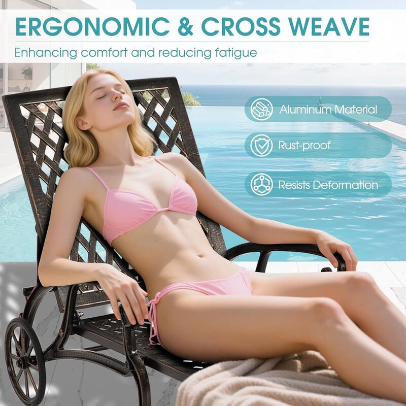 HOMEFUN Aluminum Outdoor Waterproof Chaise Lounge Chair with Adjustable Backrest and Wheels