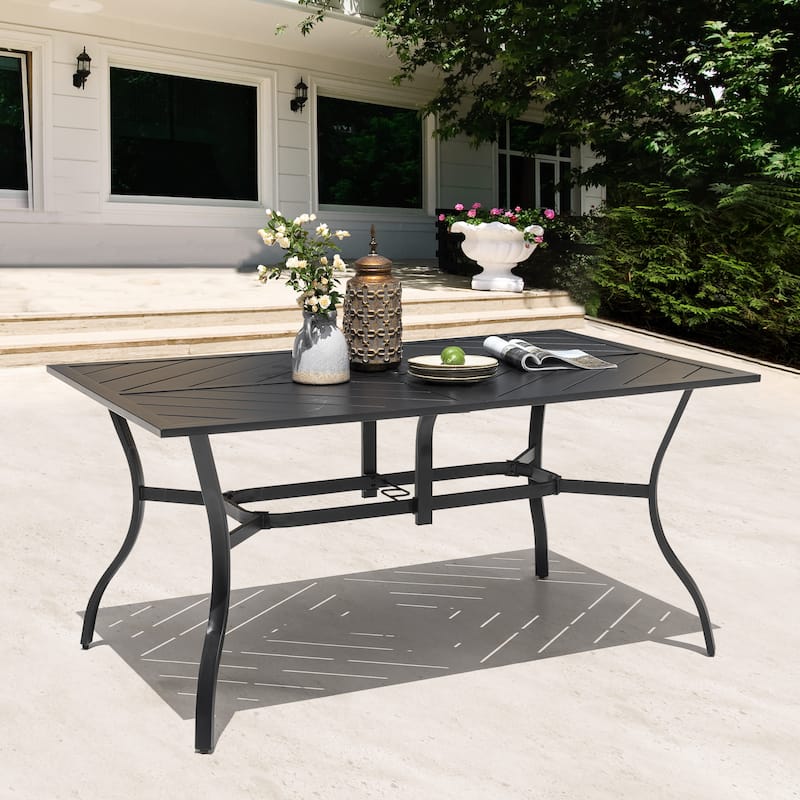 Outdoor Rectangle Iron Dining Table, Splice Tabletop with Umbrella Hole