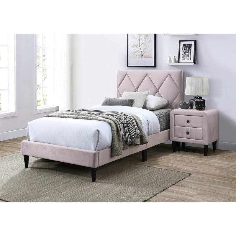 Adjustable Velvet Upholstered Twin Bed with Tufted Headboard, Light Pink Youth Bedroom Furniture