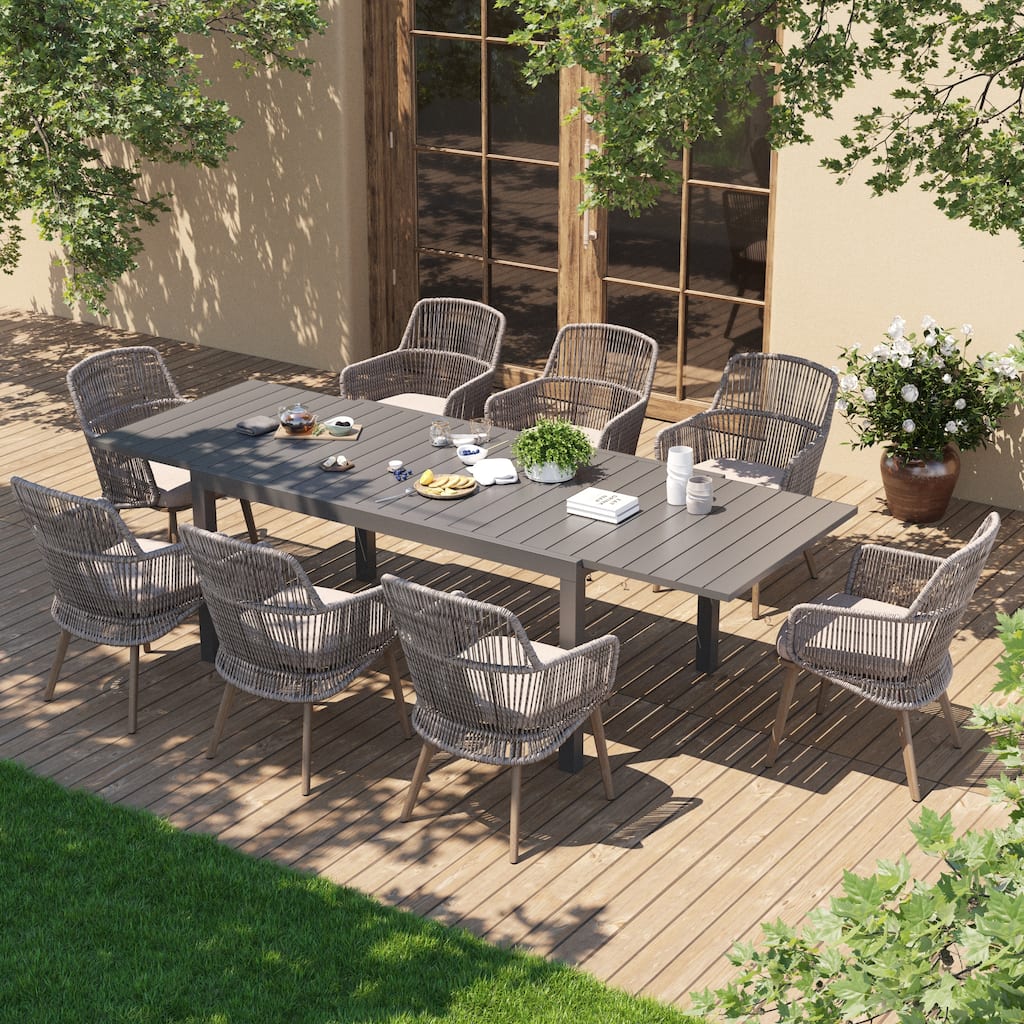 Outdoor Patio Dining Sets with PE Wicker Chairs and Extendable Aluminum Dining Table for 8 Persons