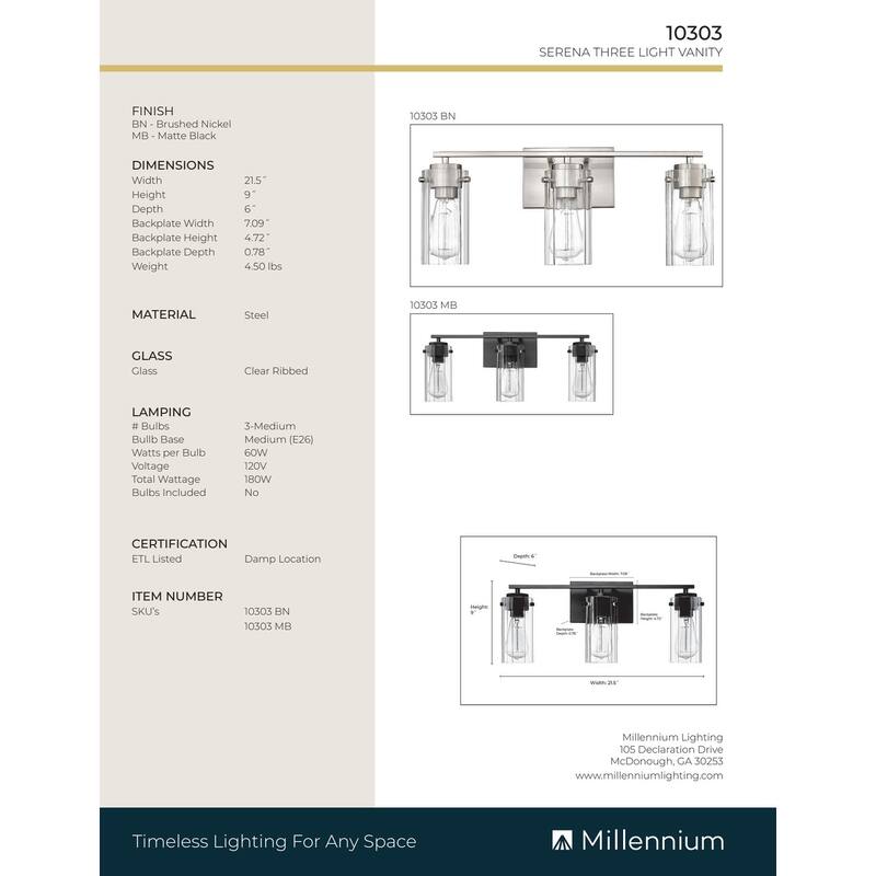 Millennium Lighting Serena 3/4 Light Vanity Fixture