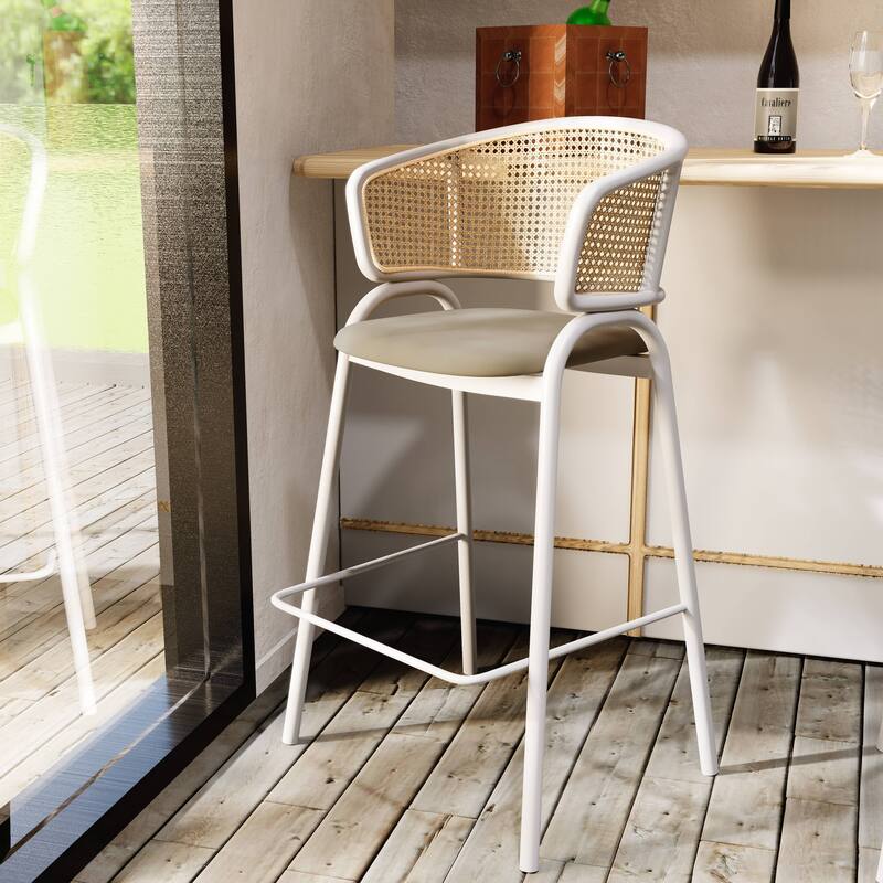 LeisureMod Ervilla Modern Wicker Leather Bar Stool with Curved Back & White Stainless Steel Frame for Home & Kitchen