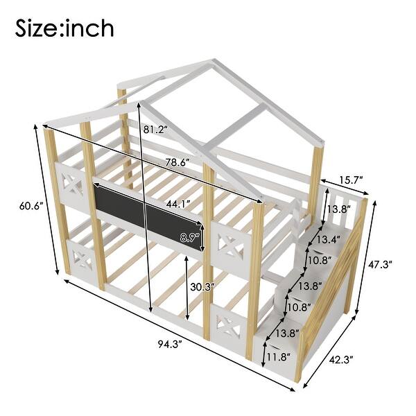 Twin over Twin House Shaped Bunk Bed with CPC and White Storage Staircase, Wooden House Bed with Blackboards & Roof - White