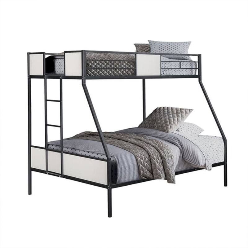 Mely Twin over Full Bunk Bed, Attached Side Ladder, Black and White Metal