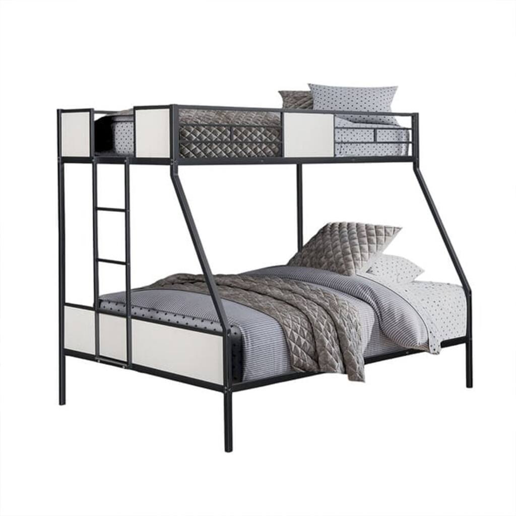 Mely Twin over Full Bunk Bed, Attached Side Ladder, Black and White Metal