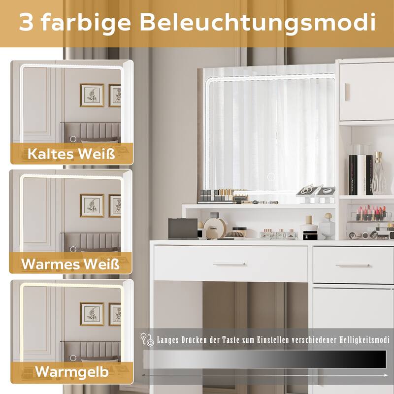 Roomfitters Vanity Desk with LED Lighted Mirror, Makeup Table with Drawers & Cabinet, Vanity Table with Storage