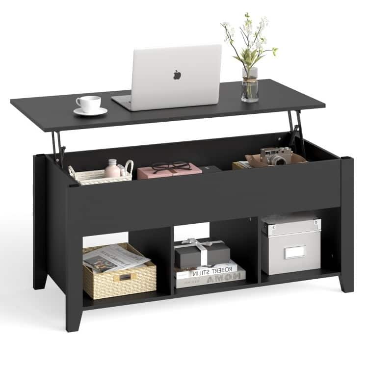 Modern Wood Lift Top Coffee Table with 3 Open Storage Shelves and Iron Legs for Daily Use