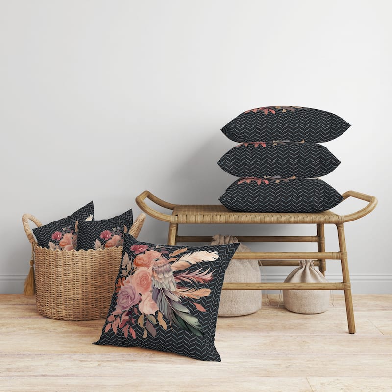 Black And Pink Feathered Bouquet Faux Suede Throw Pillow Zipper