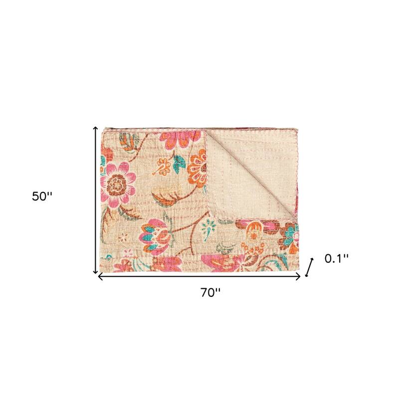 HomeRoots 70" X 50" Beige Pink Orange and Green Kantha Cotton Floral Throw Blanket with Embroidery