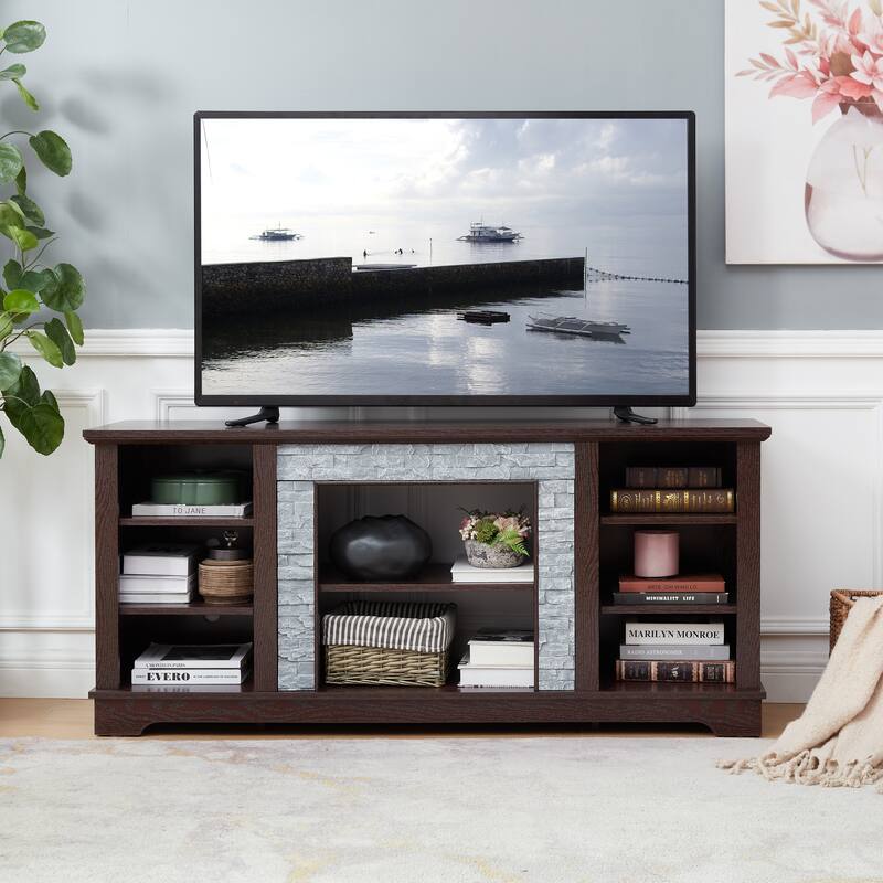 TV Media Console with Faux Stone Surround, 58" Wide Stand for 65" TVs, Open Storage and Cable Management