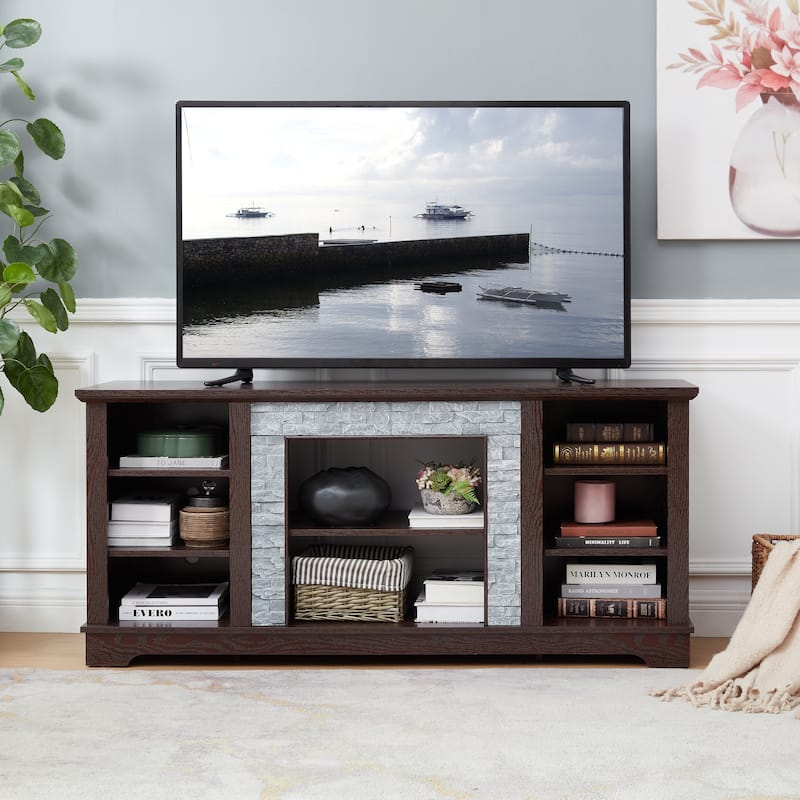 TV Media Stand with with Faux Stacked Stone Surround, Modern Entertainment Console with Open Storage Space