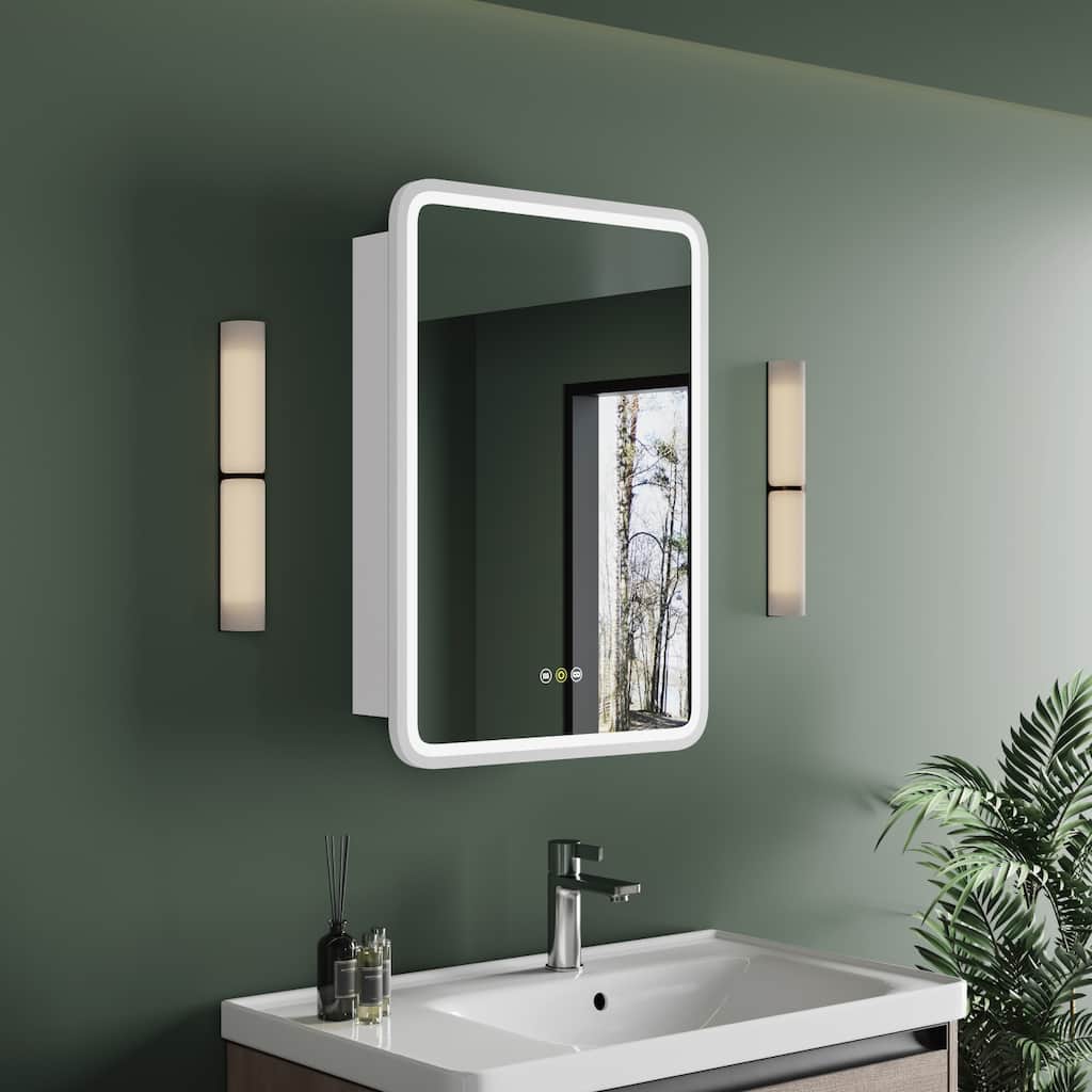 20 in. W x 28 in. H Rectangular Recessed/Surface Mount Medicine Cabinet with Mirror, Dimmable, Defogging, Right Hinge (White)