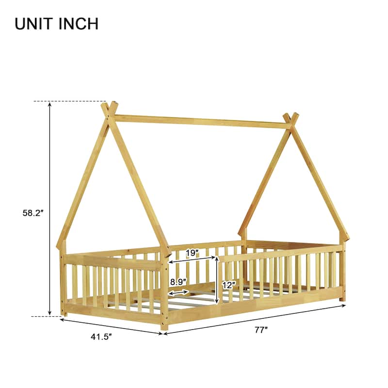 Twin Size Tent Shaped Floor Bed with Guardrails Rubber Wood Low Profile Design