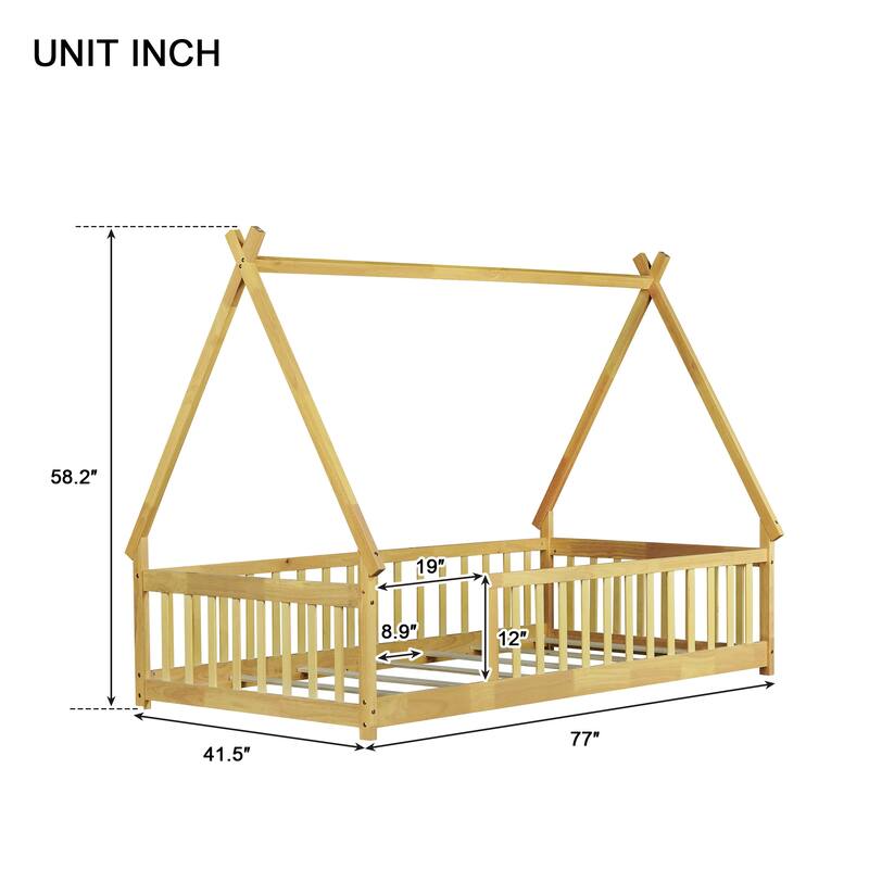 Twin Tent-Shaped Floor Bed with Guardrails, Low Platform Teepee Bed Frame with Slats, Solid Wood Design