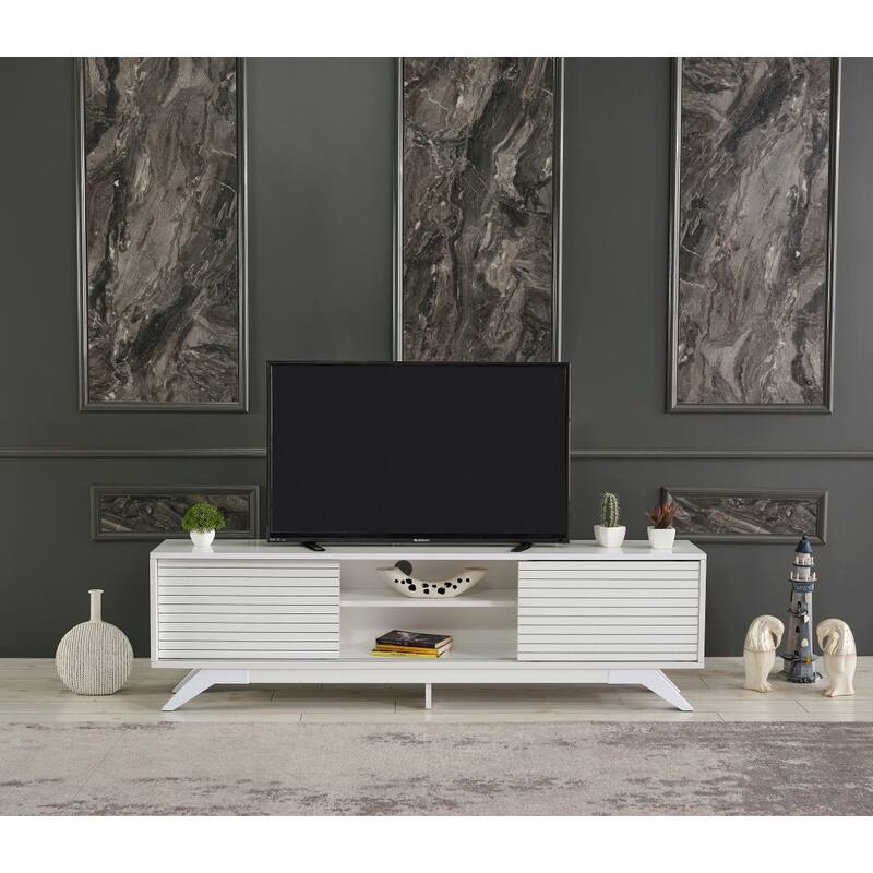 FurnisHome Store Luxia Mid Century Modern Tv Stand 2 Sliding Door Cabinet 2 Shelves 67 inch Tv Uni, White