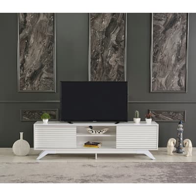 FurnisHome Store Luxia Mid Century Modern Tv Stand 2 Sliding Door Cabinet 2 Shelves 67 inch Tv Uni, White
