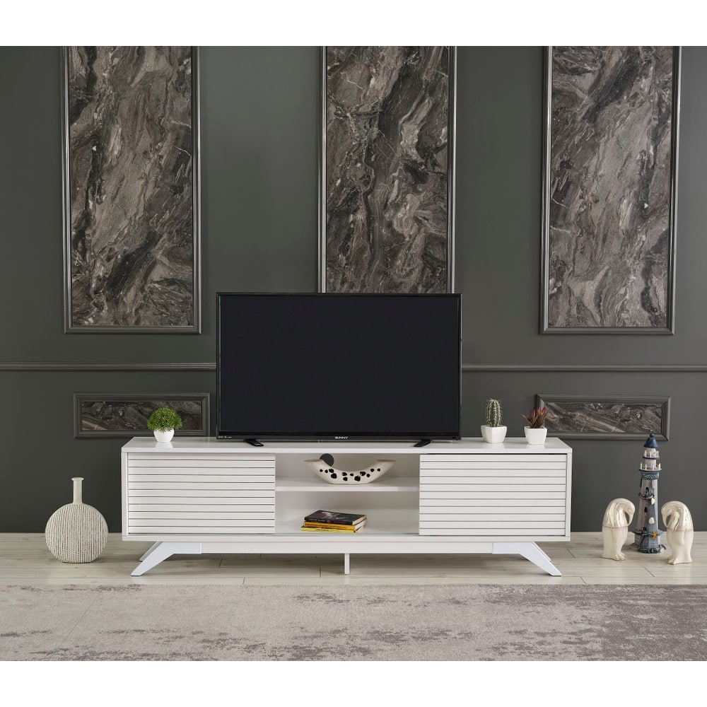 FurnisHome Store Luxia Mid Century Modern Tv Stand 2 Sliding Door Cabinet 2 Shelves 67 inch Tv Uni, White