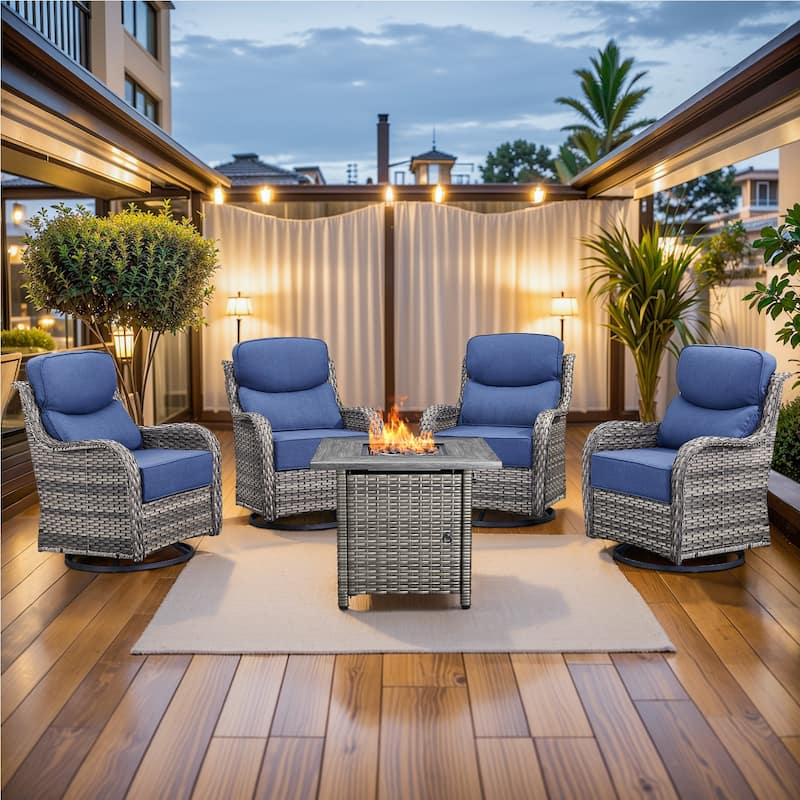 Pocassy Outdoor 6" Swivel Chairs with Fire Pit Table - 5 Pieces Swivel Chair with Fire Table - Grey Wicker Blue Cushion