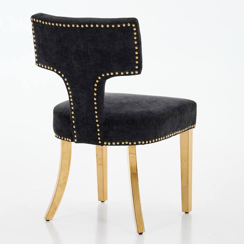 Mid Century Modern Chenille Dining Chairs Set of 2, Upholstered Accent Kitchen Chairs with Nailhead Trim & Gold Steel Legs