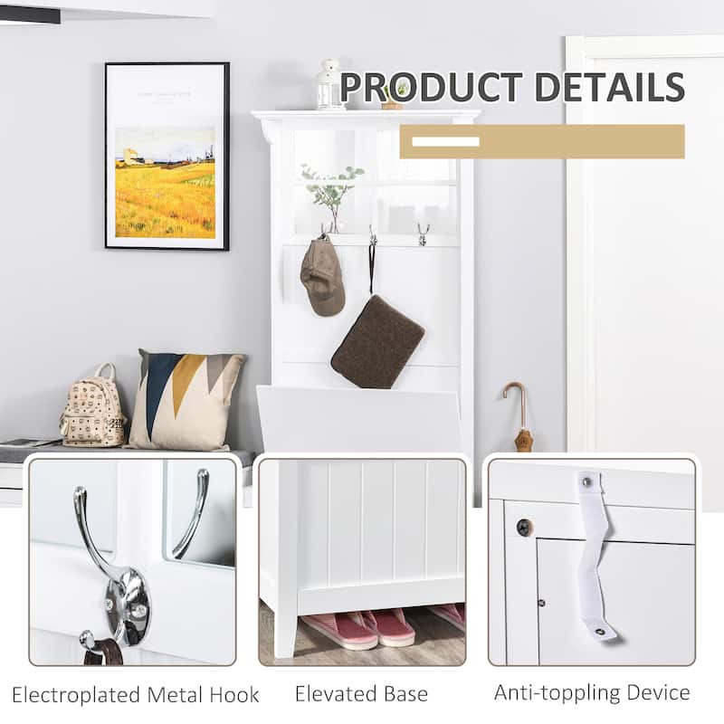 HOMCOM Coat Rack Shoe Bench with Storage 4 In 1 Hall Tree for Entryway Hallway Organizer with Cabinet 3 Hooks Mirrors White