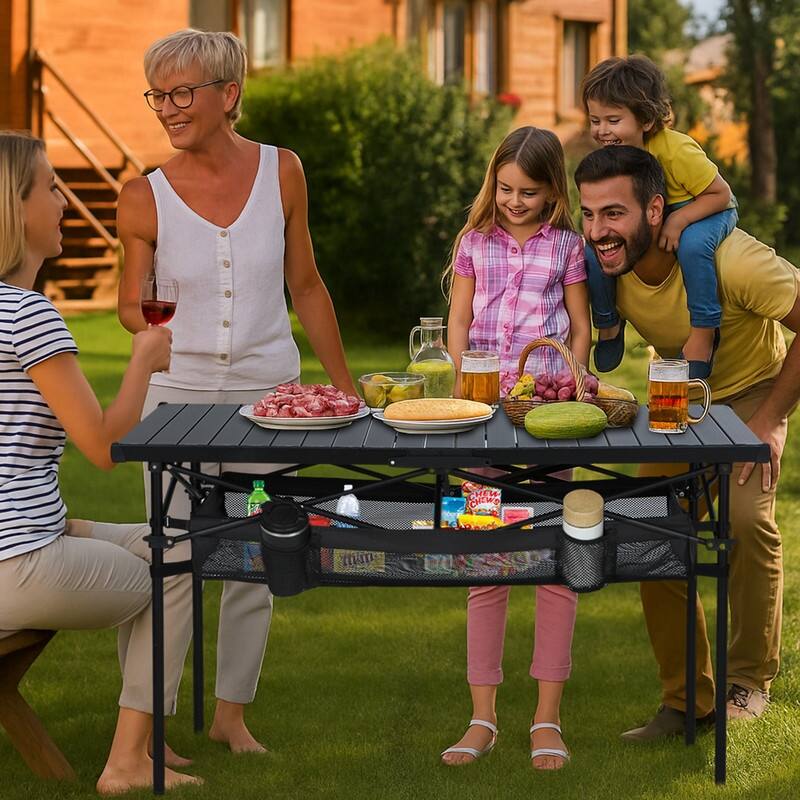 Lightweight Aluminum Camping Table with Roll-Up Top, Mesh Storage, Cup Holders & Carry Bag for Outdoor BBQ, Picnic, Sports