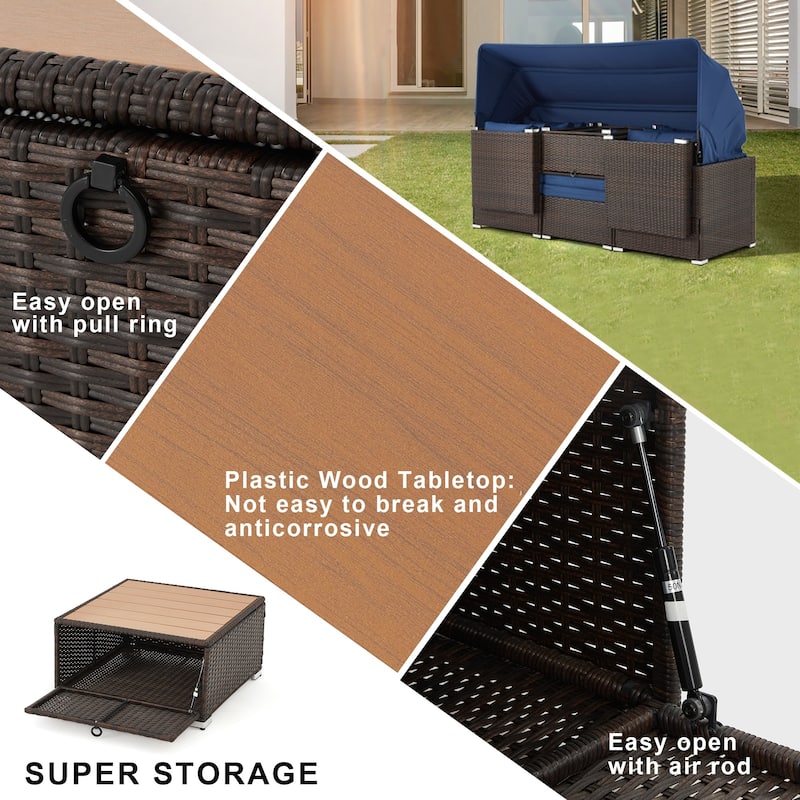 EROMMY 6-Piece Patio Furniture Set, Rattan Daybed with Canopy and Adjustable Backrest