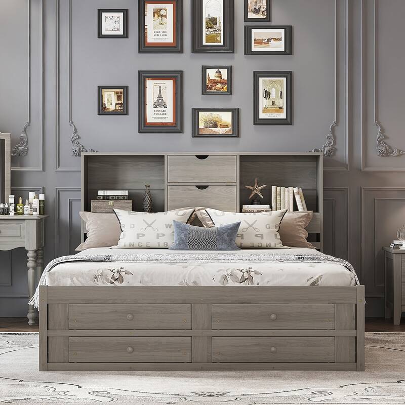 King Size Platform Bed with Storage Headboard and 8 Drawers
