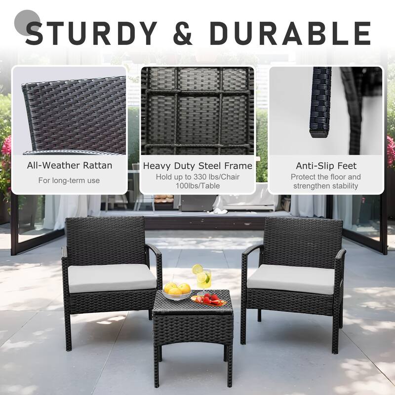Outdoor Furniture 3 Piece Patio Bistro Furniture Set, Rattan Conversation Chairs Set with Side Table and Cushions