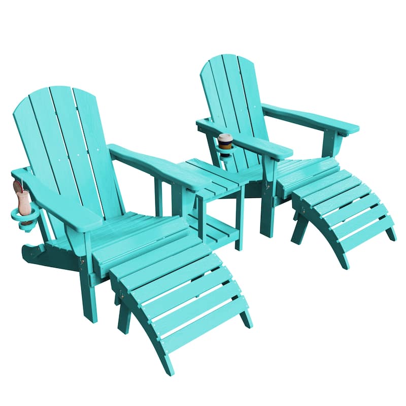 5-Piece Adjustable Plastic Patio Adirondack Chairs With Side Table Set - Tiffany Blue