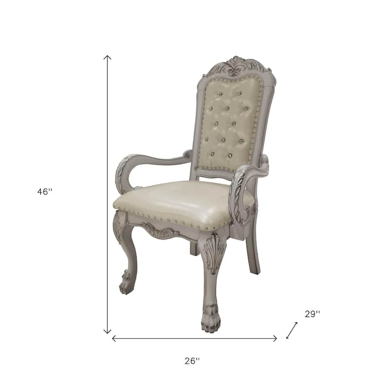 HomeRoots Set of Two Tufted White Upholstered Faux Leather And Wood Dining Arm Chairs - 26.00 in. x 46.00 in. x 29.00 in.