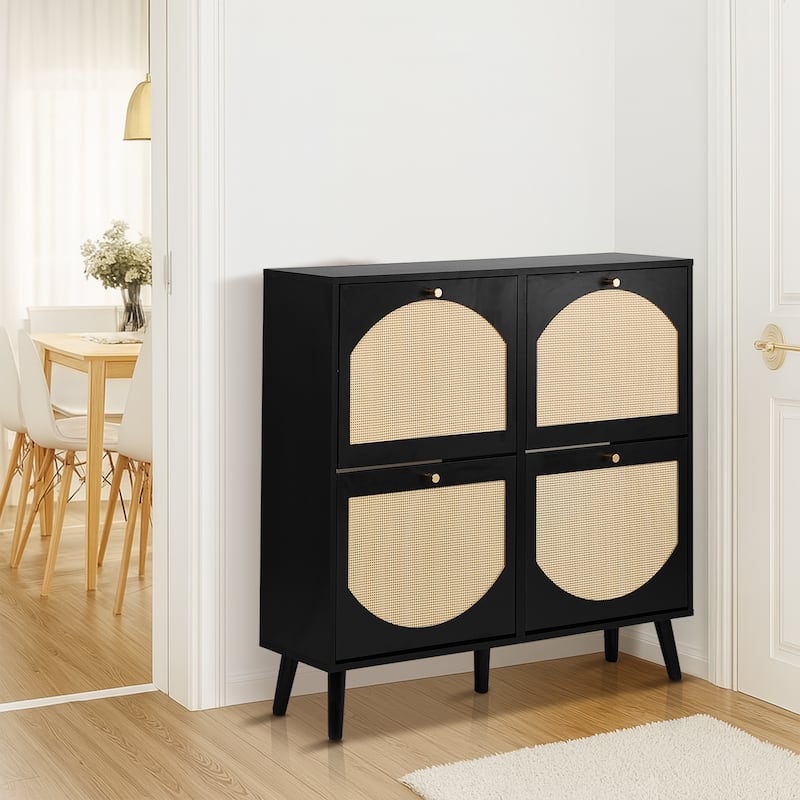 Space-Saving Black Shoe Cabinet with Dual-Tier Flip Storage and Breathable Rattan Panels - 41.34” (L) x 9.45” (W) x 38.58” (H)