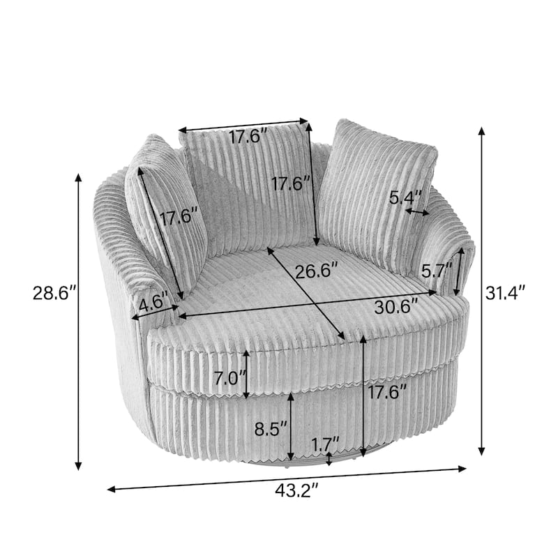 2 Set Oversized 43" W Plush Corduroy Swivel Barrel Chair with Pillows