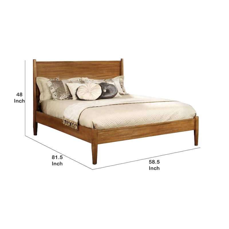 Wooden Full Size Bed with Panel Headboard, Oak Brown
