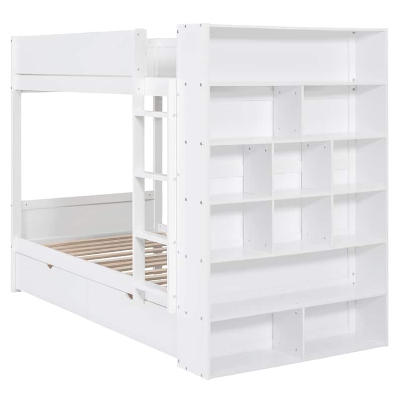 Twin over Twin Bunk Bed With 2 Drawers and Multi-layer Cabinet, White