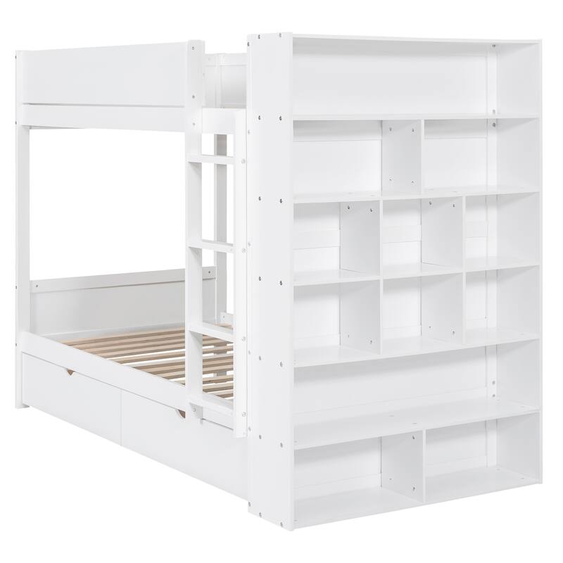 White Twin over Twin Bunk Bed with 2 Drawers & Multi-layer Cabinet, Space-Saving Kids Furniture
