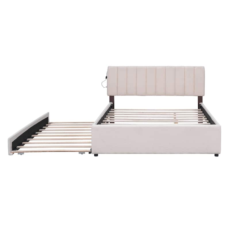Teddy Fleece Queen Size Upholstered Platform Bed with Trundle