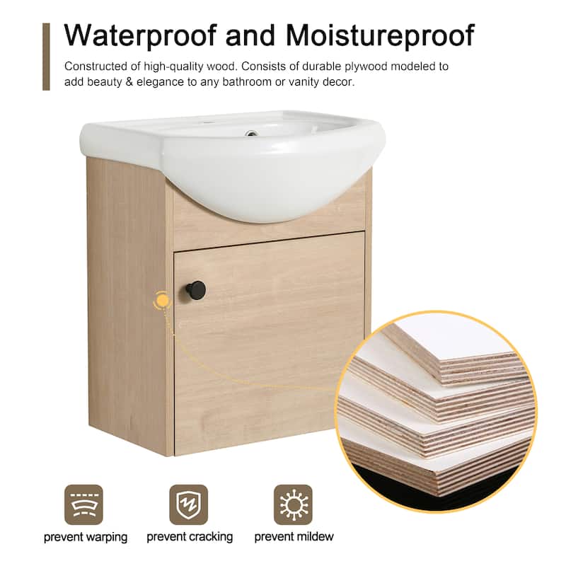 Malwee 18" Floating Bathroom Vanity, Mini Wall Mounted Bathroom Vanity with Ceramic Oval Sink and Soft Close Door