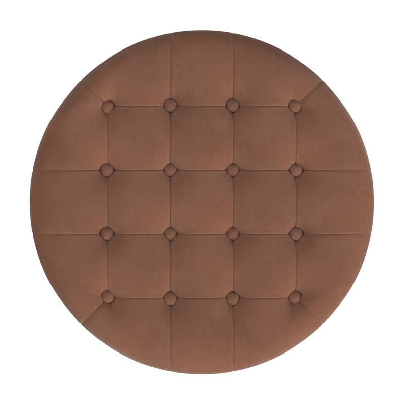 Jo 28 Inch Round Spice Brown Velvet Storage Ottoman with Tufted Lift Top