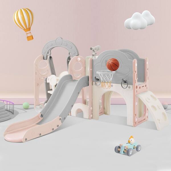slide 2 of 36, Toddler Slide,Swing Set 8 in 1,Kids Playground Climber Slide Playset with Basketball Hoop Freestanding Combination for Babies Pink+Grey