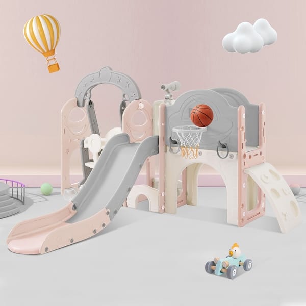 slide 2 of 27, Toddler Slide and Swing Set 8 in 1, Kids Playground Climber Slide Playset with Basketball Hoop Freestanding Combination Pink