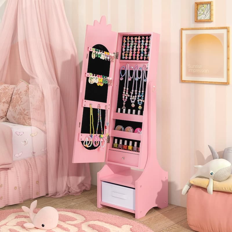 Kids Jewelry Cabinet Standing Armoire Organizer W/Storage Drawers