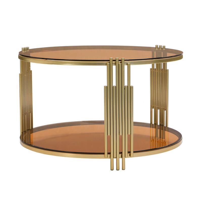 Modern Mirror Coffee Table, Asymmetrical Metal, Circular Metal Drum Base, Gold Finish & Lower Shelf