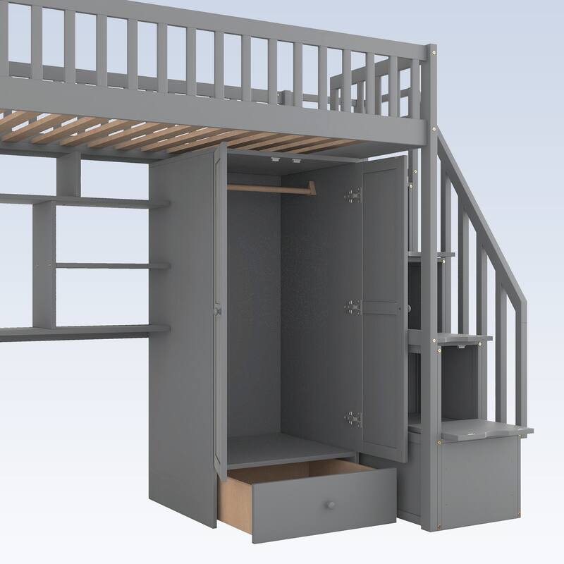 Modern Twin size Loft Bed with Bookshelf,Drawers,Desk,and Wardrobe