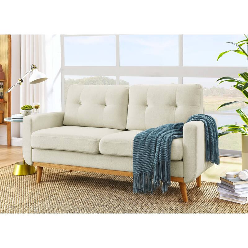 67.7" Wide Mid-Century Modern Upholstered Tufted Loveseat Sofa with Wooden Legs, Cream Polyester - Multi-Color