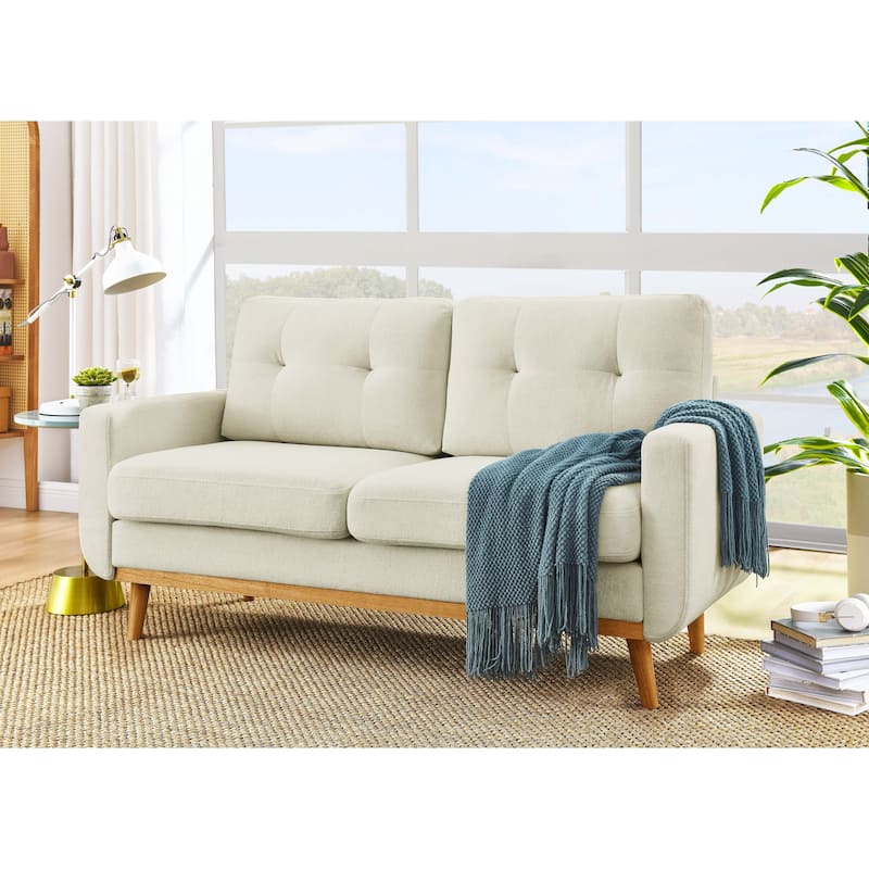 Homy Casa 2-Seater Sofa, Tufted Linen, Wood Legs - Cream
